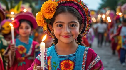 Poster - A young girl in colorful dress holding a candle and smiling, AI