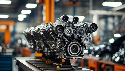 Detailed view of a car engine on a workbench with a blurred car on a lift in an industrial workshop environment