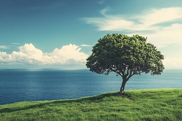 Wall Mural - Single tree on grassy cliff overlooking blue ocean and white clouds