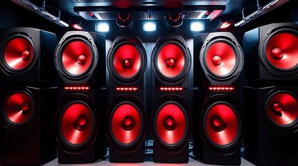 Striking grid of black circular speakers with glowing red centers suitable for high-quality audio promotional material or electronic-themed designs.