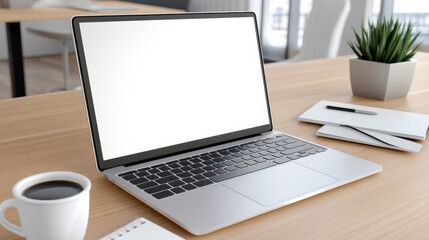 Canvas Print - A laptop computer on a wooden desk with coffee and notebook, AI