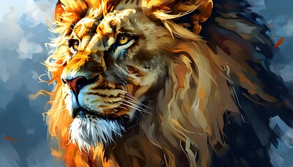 Wall Mural - Majestic lions face radiating strength and pride in a vibrant, photorealistic illustration