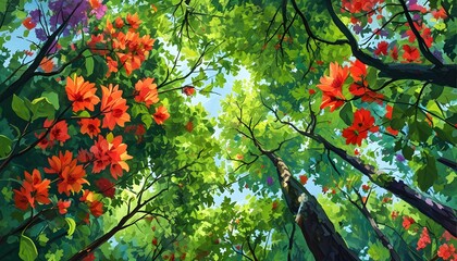 Vibrant forest canopy viewed from below, displaying lush green foliage and an explosion of colorful flowers amidst the leaves