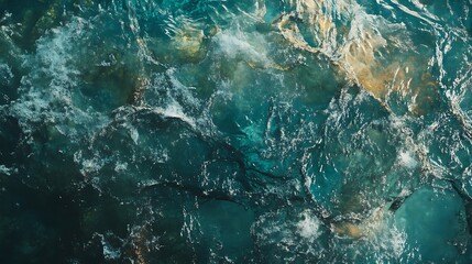 Aerial view of a school of fish swimming in the turquoise ocean water. Underwater wildlife, nature, and marine life photo