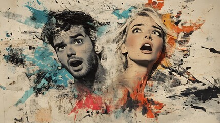 Artistic comic portrait of a man and woman with textured splashes and vibrant abstract background