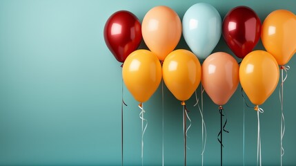 Colourful balloons bunch on a yellow wall background with copy space