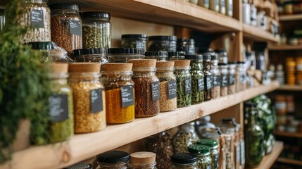 Wall Mural - Variety of dried herbs and spices in glass jars on wooden shelves