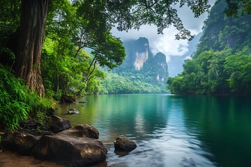 Wall Mural - Tranquil rainforest river scene with mountains in the background.