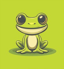 Wall Mural - Cartoon frog sitting on green background with big, joyful eyes