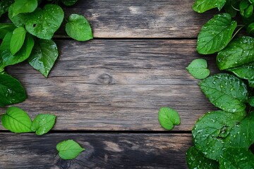 Wall Mural - Green leaves frame with water drops on rustic wooden background. Perfect for nature, spring, and summer designs