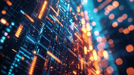 Abstract digital grid with glowing orange and blue lights