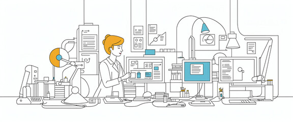 Illustrative abstract depiction in fine line drawing of a scientist performing scientific experiments in a laboratory