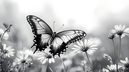 Sticker - Black-and-white image of butterfly amidst wildflowers on monochromatic background