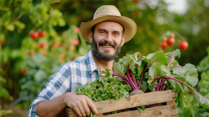 Wall Mural - Portrait farmer holding wooden box full beets with bright red stems lush leaves middle farm field