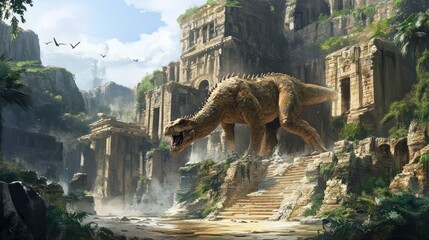 Poster - A Tyrannosaur Stands Before Ancient Stone Ruins in a Lush Jungle