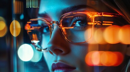 Close-up of woman wearing orange glasses with city lights reflections