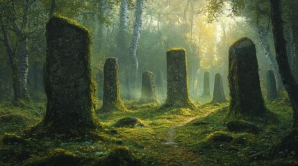 Wall Mural - A Pathway Through a Misty Forest with Tall Stone Pillars