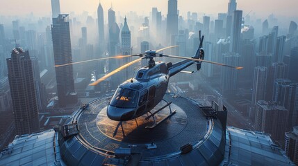 A helicopter landing on the helipad of a skyscraper. Building with a helipad