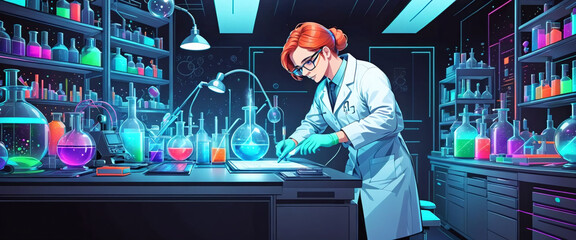 Wall Mural - Illustrative abstract depiction in fine line drawing of a scientist performing scientific experiments in a laboratory