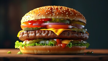 Wall Mural - Realistic digital depiction of a delicious burger showcasing vivid layers of toppings and a glossy bun from a side view