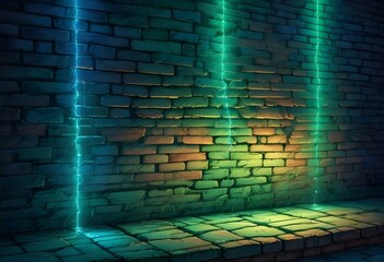 surreal and dreamlike, An industrial-style brick wall featuring intense green and purple lighting, with contrasting dark corners, creating depth and a sense of intrigue in the background., saturated, 