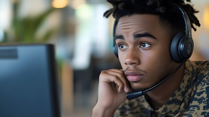 Wall Mural - Close-up of a Young Man Wearing Headphones and Looking Thoughtfully at a Computer Screen