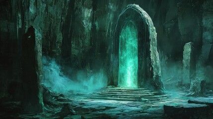 Wall Mural - Ethereal Green Glowing Gateway in a Dark Cave