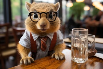 A cartoon squirrel wearing glasses at a table, generative IA