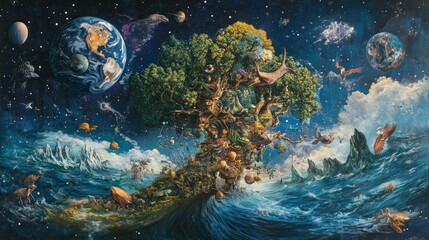 Sticker - A Tree Growing From The Ocean With Planets And Animals Surrounding It