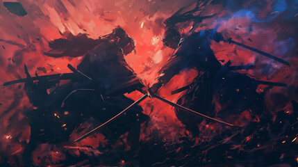 Illustration of two samurai in an epic duel, fierce sword clash.