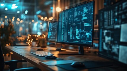 Workstation with multiple monitors displaying coding and data analysis