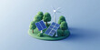 © SnowElf - Isometric 3d icon of island with windmill and solar panels on flat color background with Copy space, creative banner template for green energy, eco lifestyle