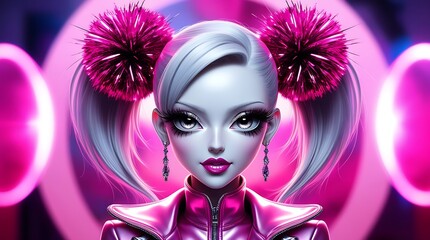 Wall Mural - Stylized digital illustration of a futuristic woman with metallic features and vibrant pink hues, suitable for modern sci-fi visuals or concept art.