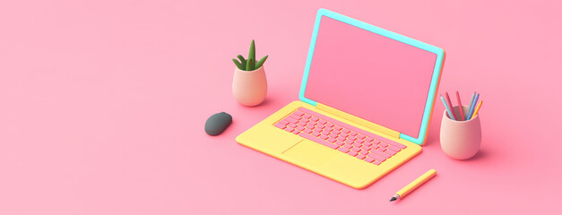 Isometric 3d icon of UI UX Designer laptop on flat color background with Copy space, creative banner template for online web design