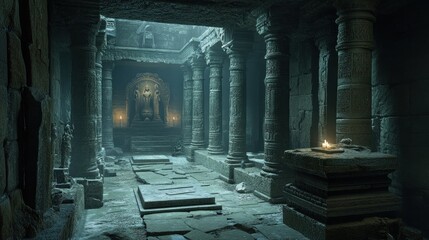 Canvas Print - An Eerie, Candlelit Hallway in an Ancient Stone Temple