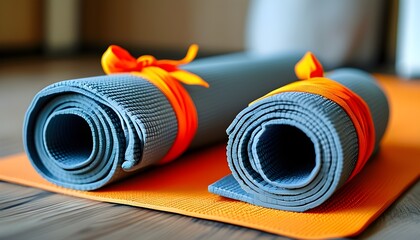 Yoga mats intertwined and secured with a vibrant orange strap, ready for practice and mindfulness.