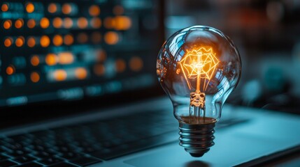 Wall Mural - Close-up of illuminated lightbulb with glowing filament in creative workspace