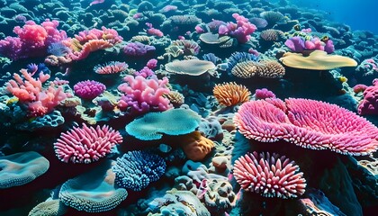 Poster - Colorful coral reef teeming with diverse coral species in shades of pink, blue, and purple underwater wonderland