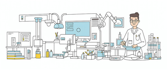 Wall Mural - Illustrative abstract depiction in fine line drawing of a scientist performing scientific experiments in a laboratory