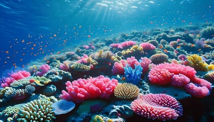 Poster - Colorful coral reef teeming with diverse coral species in shades of pink, blue, and purple underwater wonderland