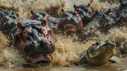 Wall Mural - A Hippopotamus Opens Its Mouth Wide While Facing Off with a Crocodile in Murky Water