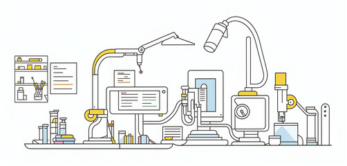 Wall Mural - Illustrative abstract depiction in fine line drawing of a scientist performing scientific experiments in a laboratory