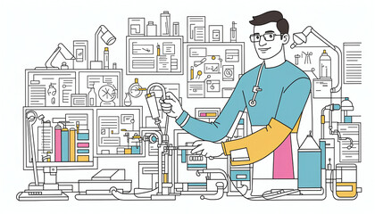 Wall Mural - Illustrative abstract depiction in fine line drawing of a scientist performing scientific experiments in a laboratory