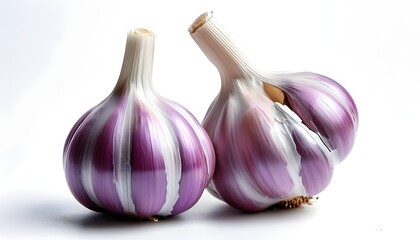 Wall Mural - Purple-skinned garlic bulbs isolated against a clean white background