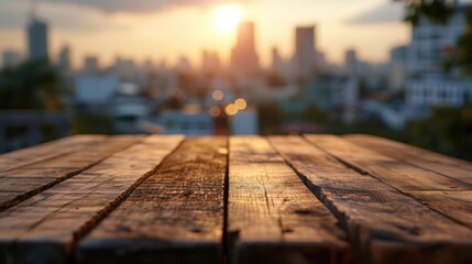 Wall Mural - Urban Sunset: Empty Wooden Table for Product Display - High Quality Bokeh Background