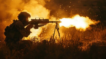 Wall Mural - A soldier lying down shoots a machine gun. A military man makes shots from a machine gun