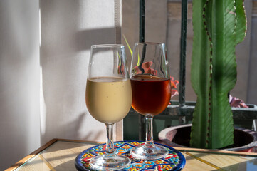 Sherry fino, manzanilla, olorosso wine, jerez fortified wine made from palomino white grape served in Jerez de la Frontera, Cadiz, Andalusia, Spain