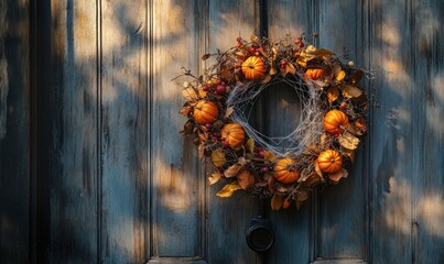 Wall Mural - Autumn Wreath on Rustic Wooden Door