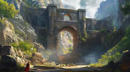 Wall Mural - A Stone Archway Leads Through Misty Mountain Cliffs