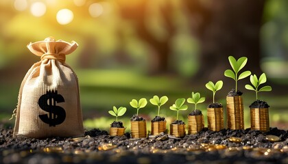 Morning sunlight illuminating a park with a growing tree surrounded by gold coins, symbolizing investment, savings, and financial abundance